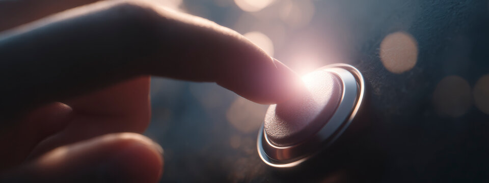 Finger activating illuminated button, technology, future, and innovation. - Powered by Adobe