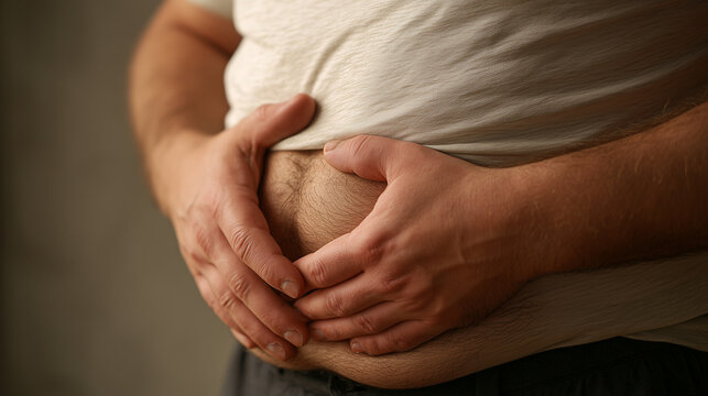 Close-up of a person's belly, highlighting excess weight or fat, emphasizing lifestyle choices 