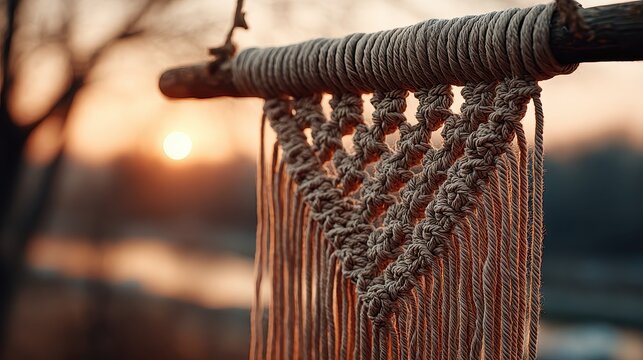 Close-up of intricate macrame wall hanging with a soft sunset glow in the background offering a warm and cozy feeling