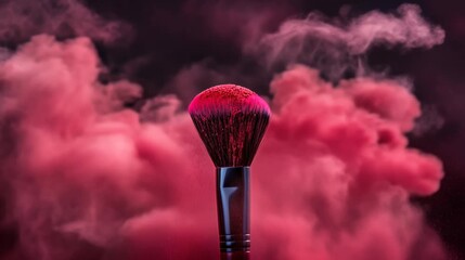 An explosion of vibrant red powder elegantly captures the dynamic movement of a makeup brush against a contrasting dark background, showcasing artful beauty and creativity.