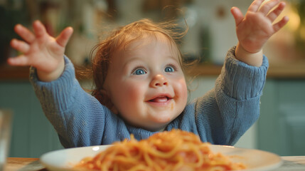 Happy baby with excited look and raised hands in front of spaghetti dish