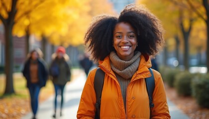 Naklejka premium Happy african american female student smiles outdoors on campus with bright yellow autumn leaves. She wears a warm orange jacket and carries a backpack, looking friendly and cheerful.