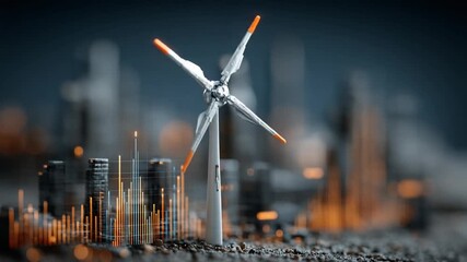 Wind turbine amidst urban skyline with data visualization - Powered by Adobe