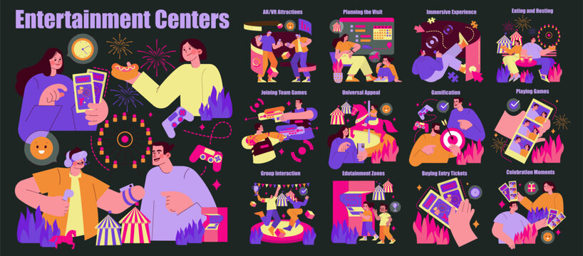Interactive Fun at Entertainment Centers Vector Illustration