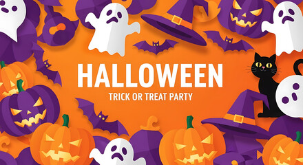 Spooky halloween party invitation with pumpkins ghosts and black cat