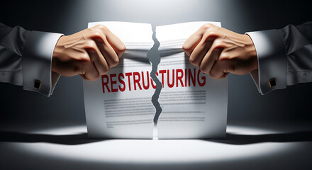 Hands tear paper with red text. A concept that represents end of agreement, business changes, contract termination, or destruction of document