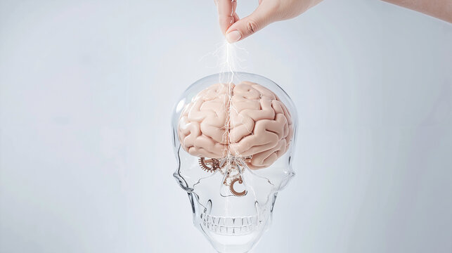Transparent skull with brain, electrifying mood, hand connecting gears, minimalist background, copy space