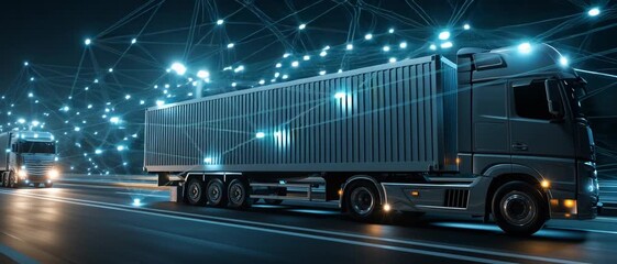 Trucks travel on highway connected by holographic global network at night - Powered by Adobe