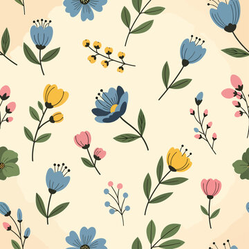 Hand drawn pattern with flowers, leaves and berries. Seamless pattern with snall flowers and plants on pastel background.