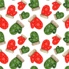 Christmas illustration, seamless watercolor pattern, red and green mittens. New Year's decor.