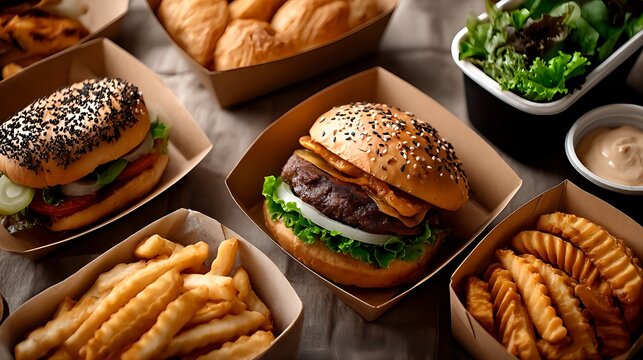 Delicious burger and fries combo meal for takeout or delivery in paper containers - Powered by Adobe