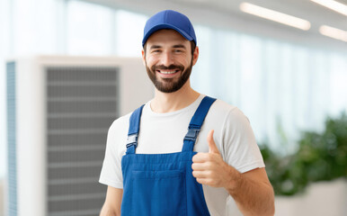 Smiling air conditioner technician in blue uniform showing thumbs up. happy handyman and repairman provides professional maintenance and repair service for home appliance