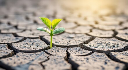 A single green plant sprout emerges from dry, cracked earth, symbolizing hope and new life.