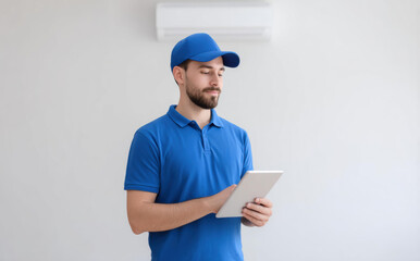 Professional air conditioner technician and repairman providing service. focused man in blue uniform working and using tablet for hvac system maintenance