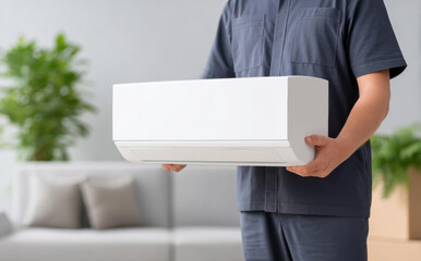 Fototapeta premium Focused technician holding an air conditioner unit in living room. Professional man ready for installation or repair service. Climate control appliance and home maintenance concept