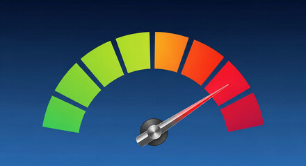 Speedometer with needle pointing to red area. Gauge with colored sections, representing status, condition or measurement level on a blue background