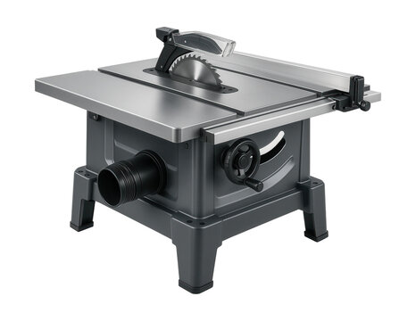 Hybrid table saw with dust collection port, ideal for garage workshops.