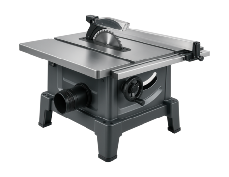 Hybrid table saw with dust collection port, ideal for garage workshops.