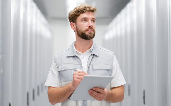 Focused technician, professional man working in data center. He holds tablet, checking network system and server racks in modern technology corridor