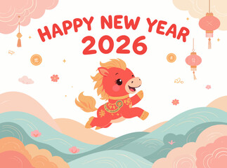 A vibrant cartoon illustration of a joyful red horse celebrating the Chinese Lunar New Year 2026, the Year of the Horse, amidst festive lanterns and clouds