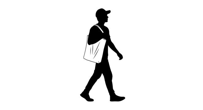 Stylish silhouette of a person walking with a tote bag for eco friendly lifestyle, modern urban commute, and sustainable living concepts