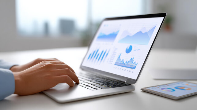Focused business professional doing data analysis on laptop. Person reviews finance report with charts and graphs, working on project for business growth and success