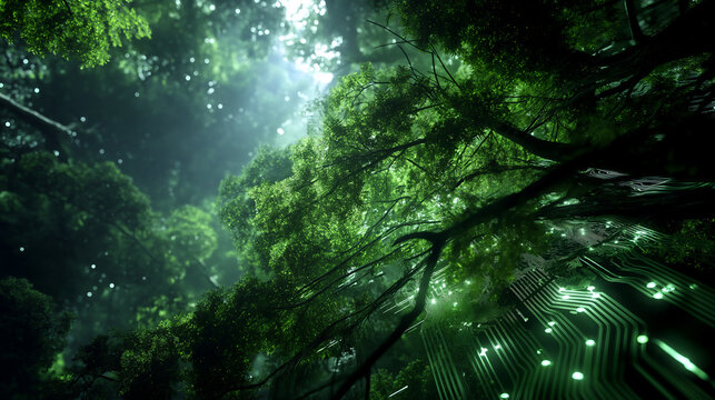 Digital forest, circuit board network merges with lush green foliage, showcasing innovative nature and technology