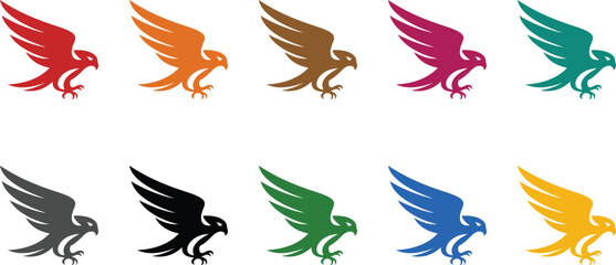 Dynamic eagle or falcon flying silhouettes in colors, Colorful bird of prey flying icons