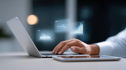 Focused person using laptop for business technology and finance, performing data analysis with virtual graph and chart. professional works on analytics and statistics