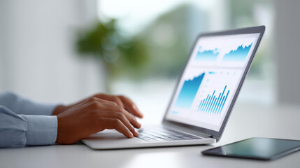 Focused business professional analyzing financial data on laptop. Examining marketing report with chart and graph for investment strategy in modern office