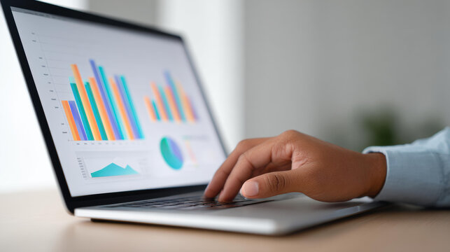 Professional person hand on laptop analyzing business report with colorful chart and graph. analyst is focused on financial data for marketing strategy presentation