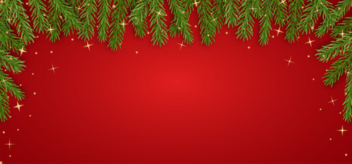 Red Christmas background with fir garland top border, golden glitter and twinkling stars. Holiday frame with copy space for greetings, Christmas web headers, sale banner. Vector Christmas illustration © Annetuas