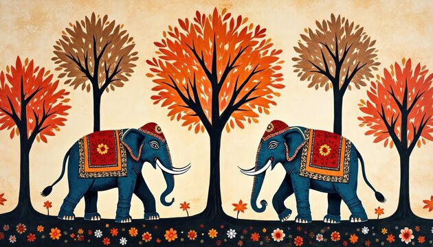 Editorial illustration Indian Gond art style featuring elephants, trees. Traditional Madhubani folk painting displays colorful elephants decorated with patterns. Artistic design element suitable for