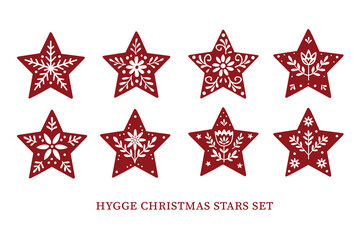 Collection of Scandinavian hygge Christmas stars with folk floral patterns. Perfect for holiday cards, festive decorations, packaging, winter crafts and cozy seasonal design projects.
