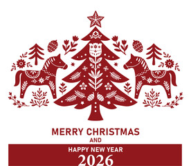 Scandinavian hygge-style Christmas illustration with decorative horses, floral elements and a festive tree. Perfect for greeting cards, winter designs and New Year 2026 holiday projects.