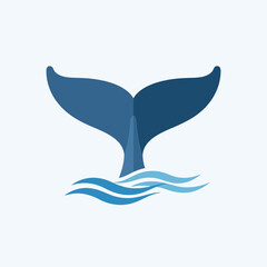 Stylized illustration of a blue whale tail emerging from blue waves on a light background.