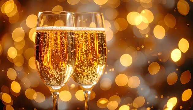 Two elegant glasses of sparkling champagne toast against a glittering golden bokeh background for a festive event