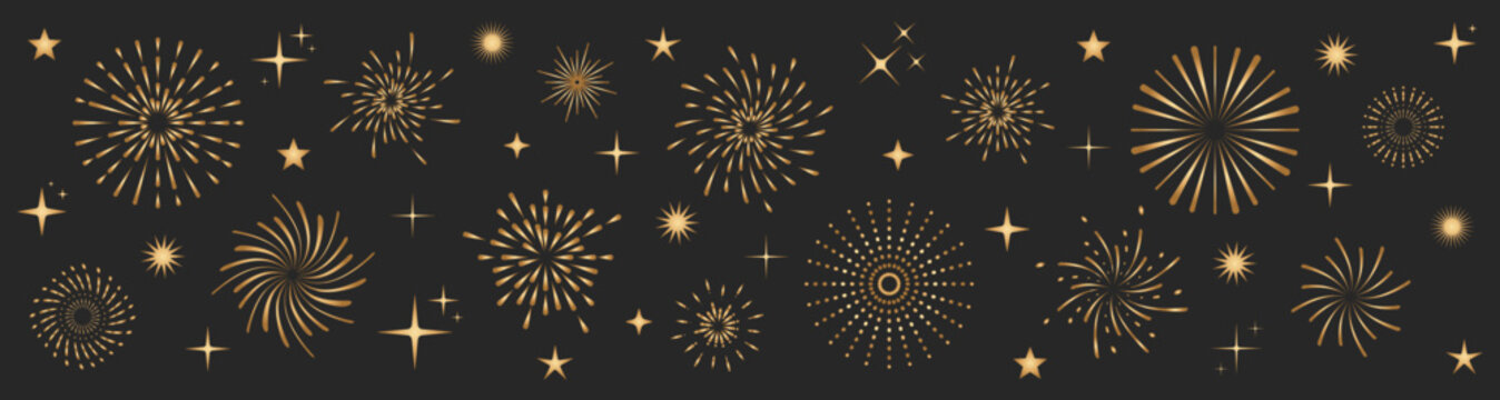 Golden firework vector pattern on dark background. Luxurious firework bursts and glowing star elements for New Year, Christmas, party and celebration designs. Elegant firework vector illustration