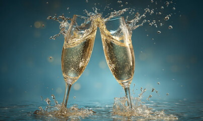 A champagne toast creates a celebratory splash of liquid against blue.
