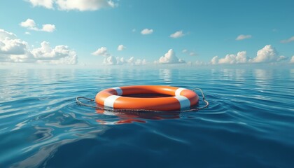 Orange lifebuoy floats alone on calm blue sea under a clear sky with white clouds. This symbol of hope represents rescue from danger and isolation. A solitary ring suggests a need for help.
