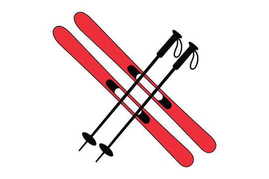 winter sports skis with bright red skis and poles, isolated on a white background, providing a clean vector illustration perfect for alpine activities, snow sport designs, and outdoor adventure