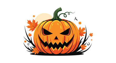 A spooky jack-o'-lantern with glowing eyes and a jagged grin, surrounded by autumn leaves and dark vines.