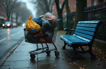 Shopping cart filled with bags sits on wet city sidewalk. Empty blue park bench nearby suggests a pause in a homeless persons difficult journey. Urban environment, bleak weather. © miss irine