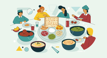 People gathered around a table for a Passover Seder meal with symbolic foods.