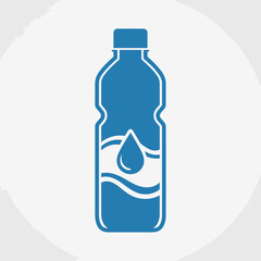 Simple blue vector icon of a plastic water bottle with a water drop on the label.