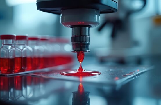 Automated lab equipment dispenses red liquid sample onto slide for medical analysis. Test tubes with red fluid sit in row, ready for diagnostics. Precision science.
