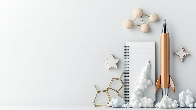 A stylized rocket ship pencil, a notebook, a molecular structure, and stars are arranged on a clean white surface.