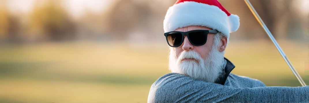 Senior Caucasian man with a white beard wearing sunglasses and a Santa hat, swinging a golf club on a sunny day in a green field. christmas, copy space - Powered by Adobe
