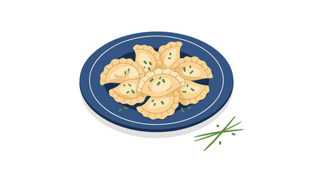 A plate of delicious dumplings garnished with chives on a white background.
