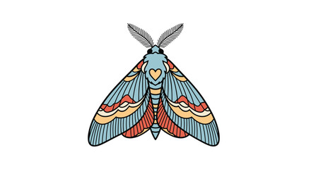 Colorful moth with intricate patterns and a heart shape on its body.